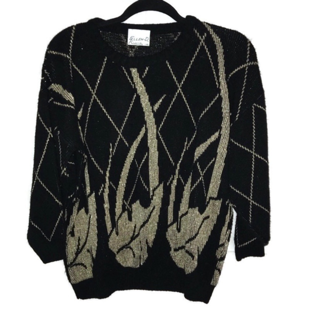 Vintage Gold Black Knit 3/4 Sleeve Blouse Top